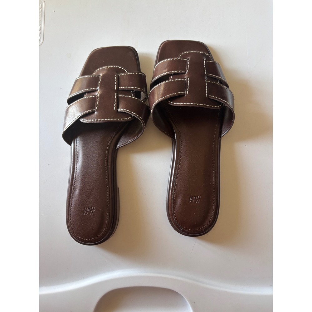 H&M Womens Brown Faux Leather H-Strap Slide Sandals Square Toe Contrast Stitch 8